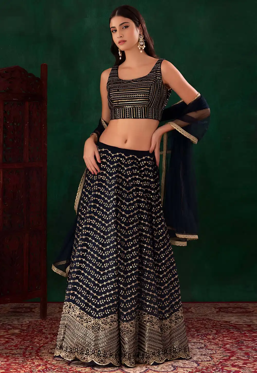 Navy Blue Georgette Circular Lehenga Choli 328554
