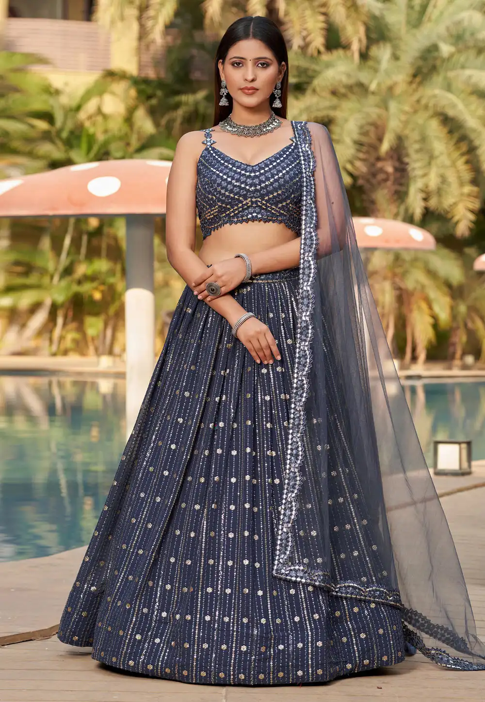 Navy Blue Georgette Circular Lehenga Choli 282063