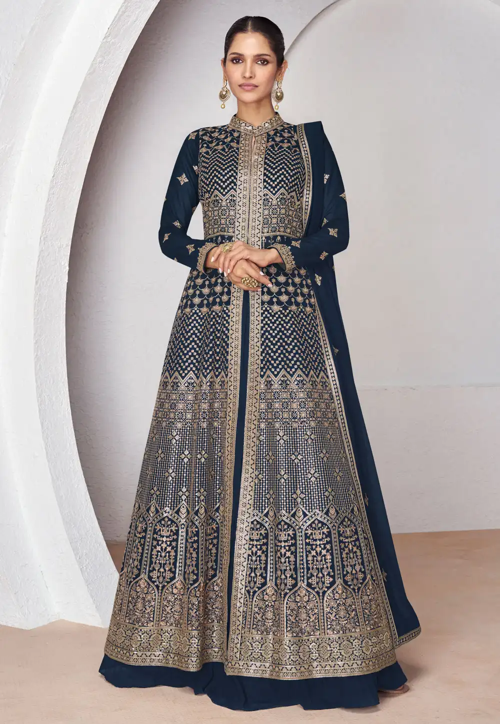 Navy Blue Georgette Embroidered Indo Western Lehenga Choli 286695