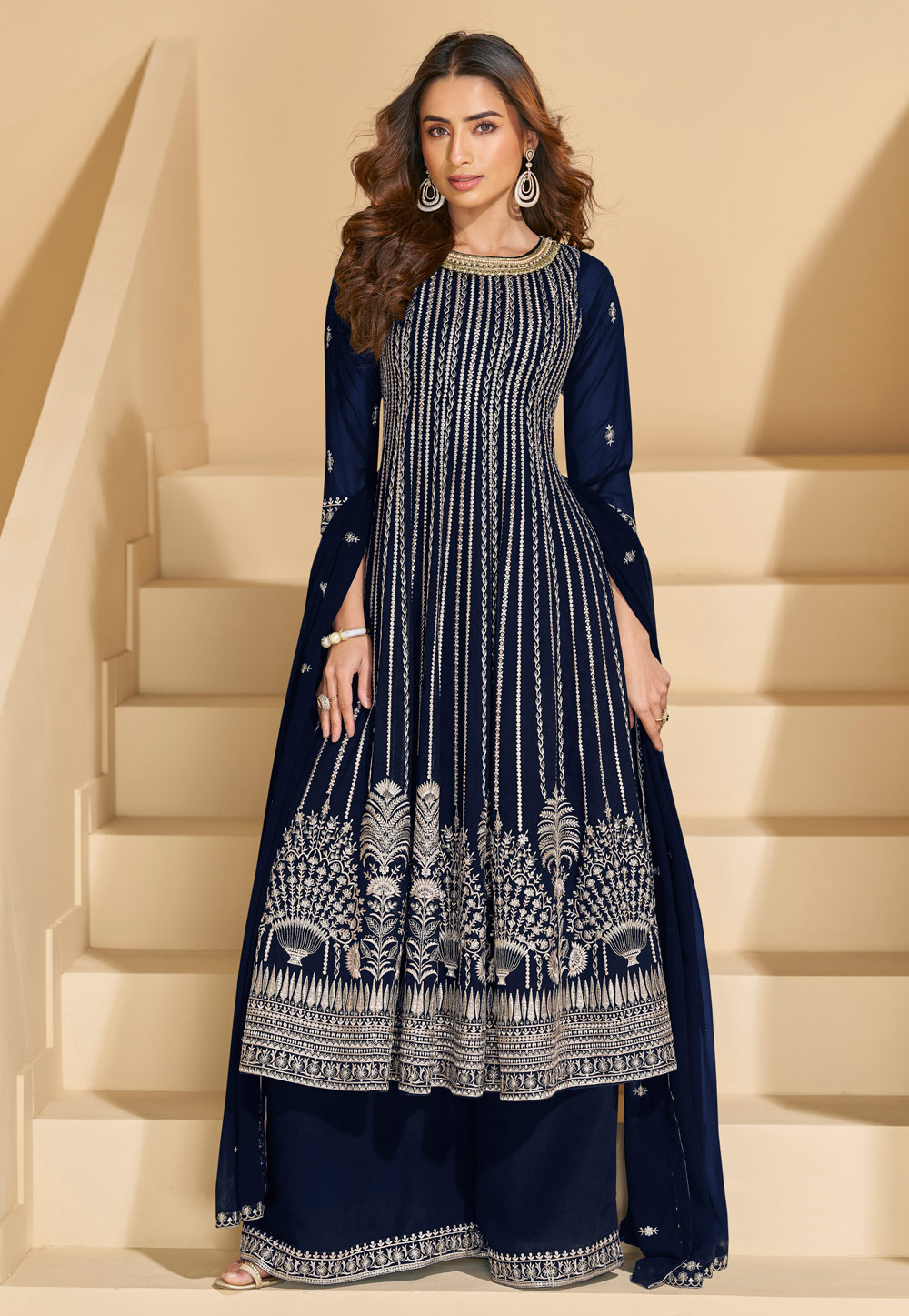 Navy Blue Georgette Embroidered Palazzo Suit 326998