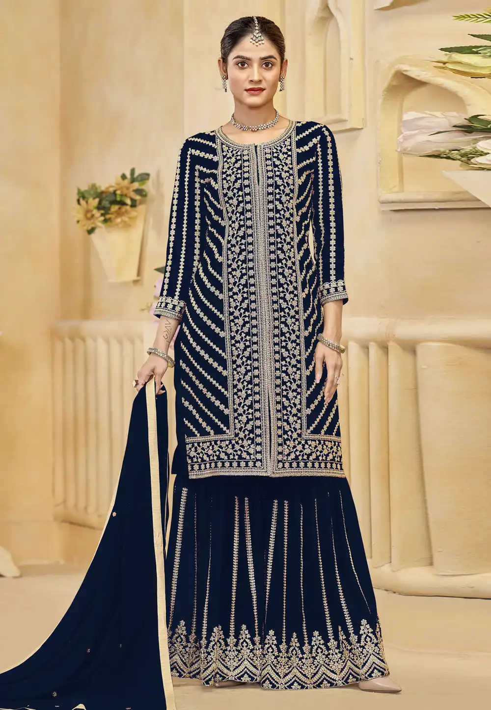 Navy Blue Georgette Embroidered Sharara Suit 330661