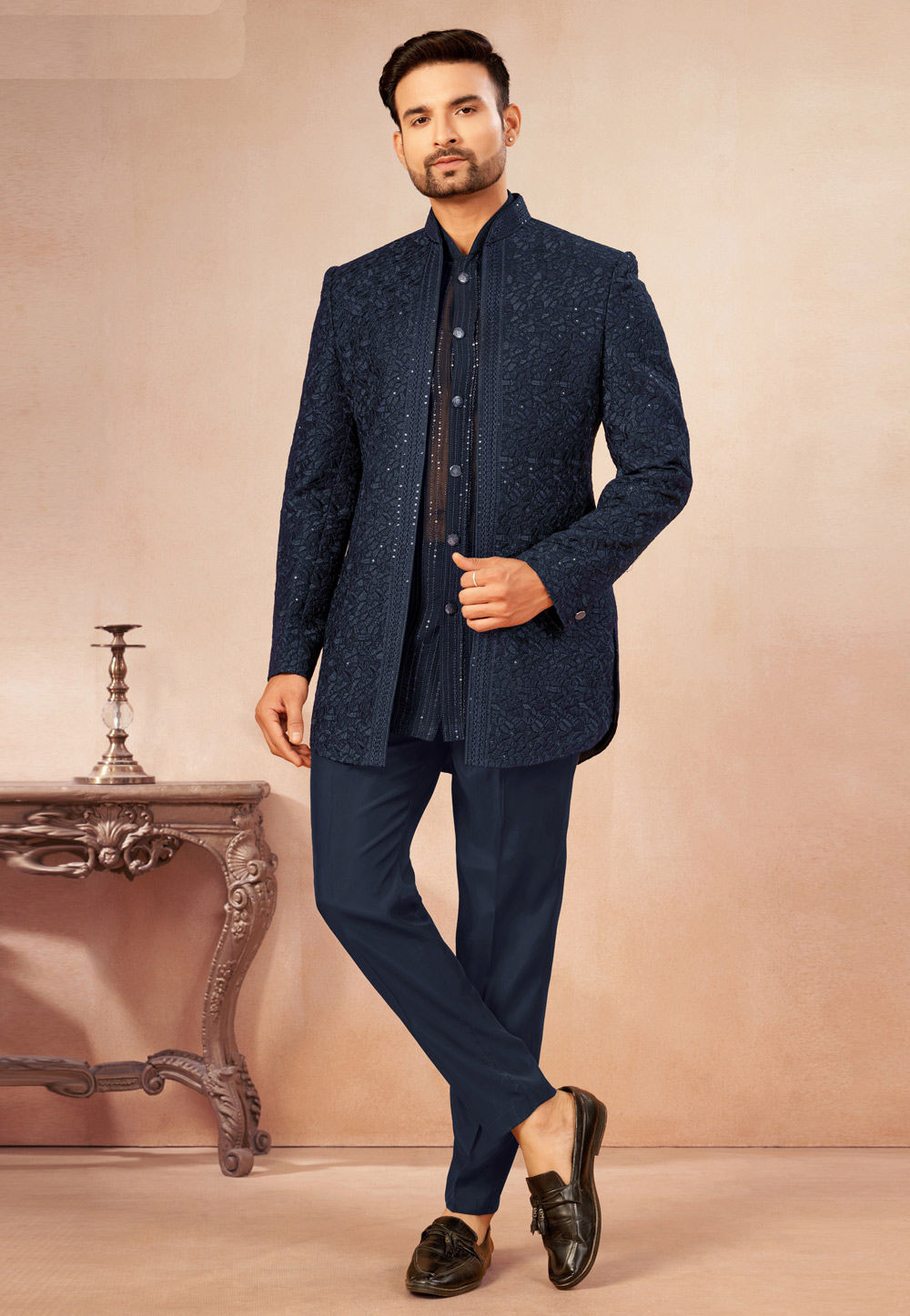 Navy Blue Georgette Jodhpuri Suit 325618