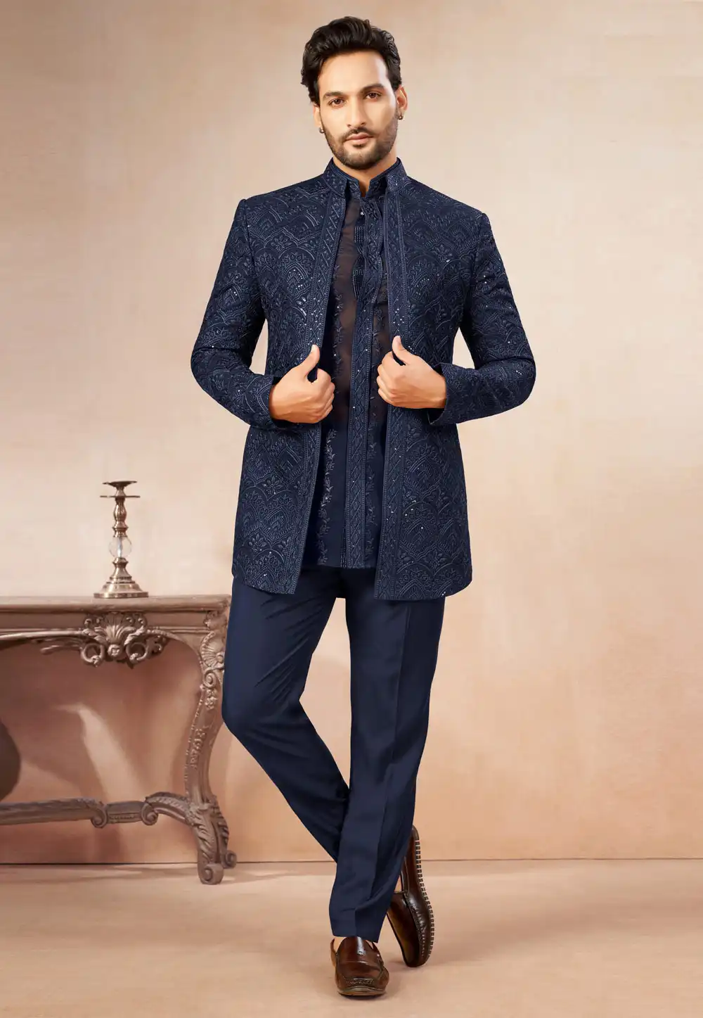 Navy Blue Georgette Jodhpuri Suit 325625