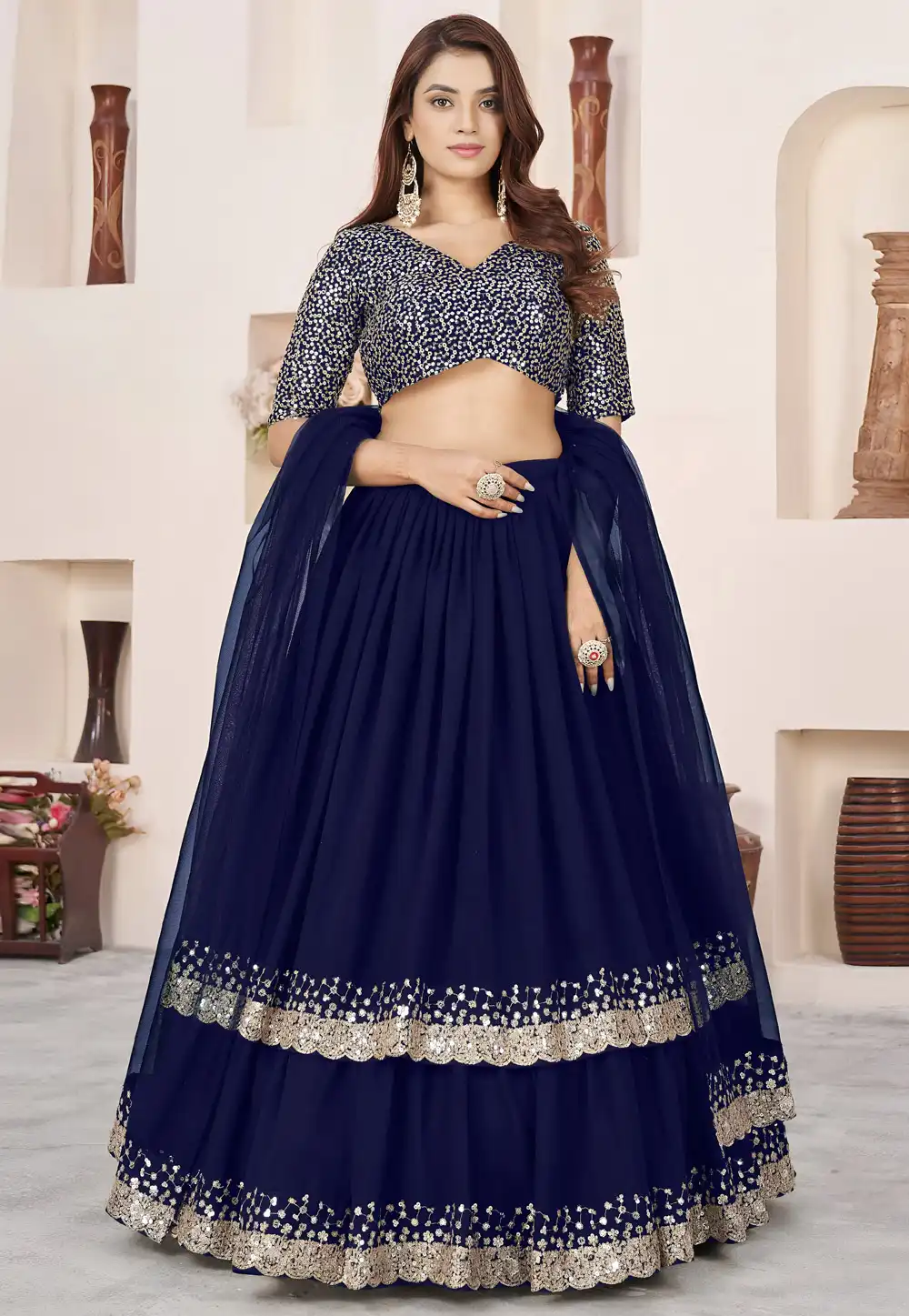 Navy Blue Georgette Layered Lehenga Choli 323084