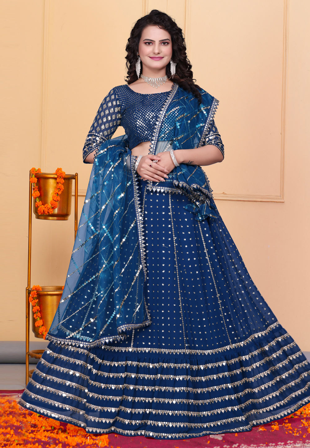 Navy Blue Georgette Lehenga Choli 308822