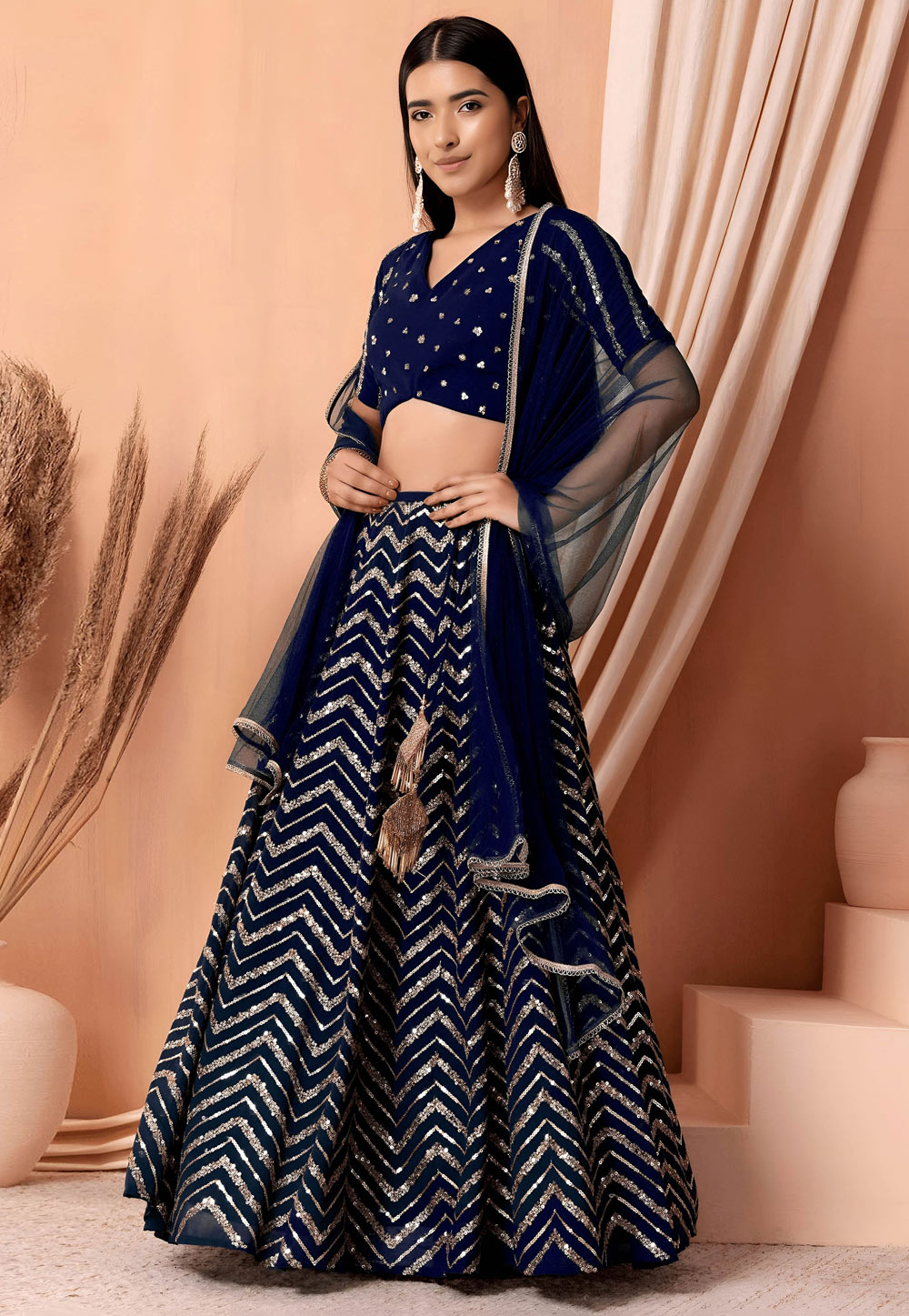 Navy Blue Georgette Lehenga Choli 328139
