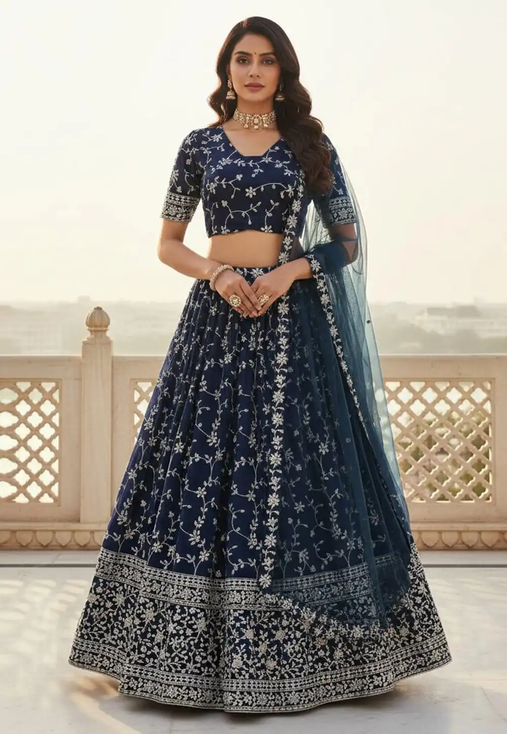Navy Blue Georgette Lehenga Choli 329190