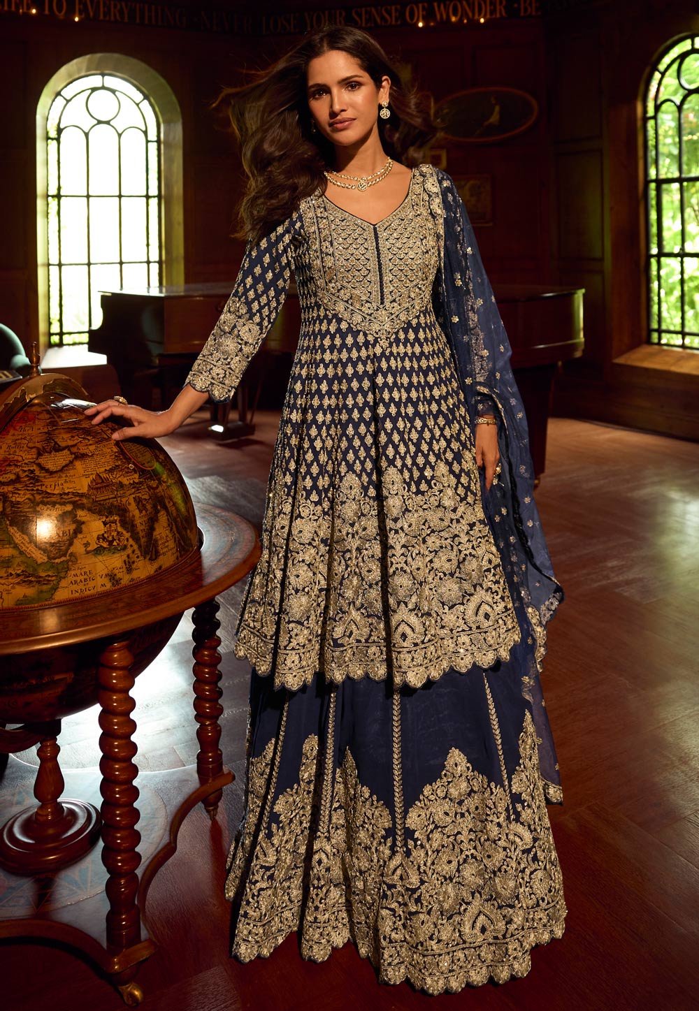 Navy Blue Georgette Long Choli Lehenga 322963