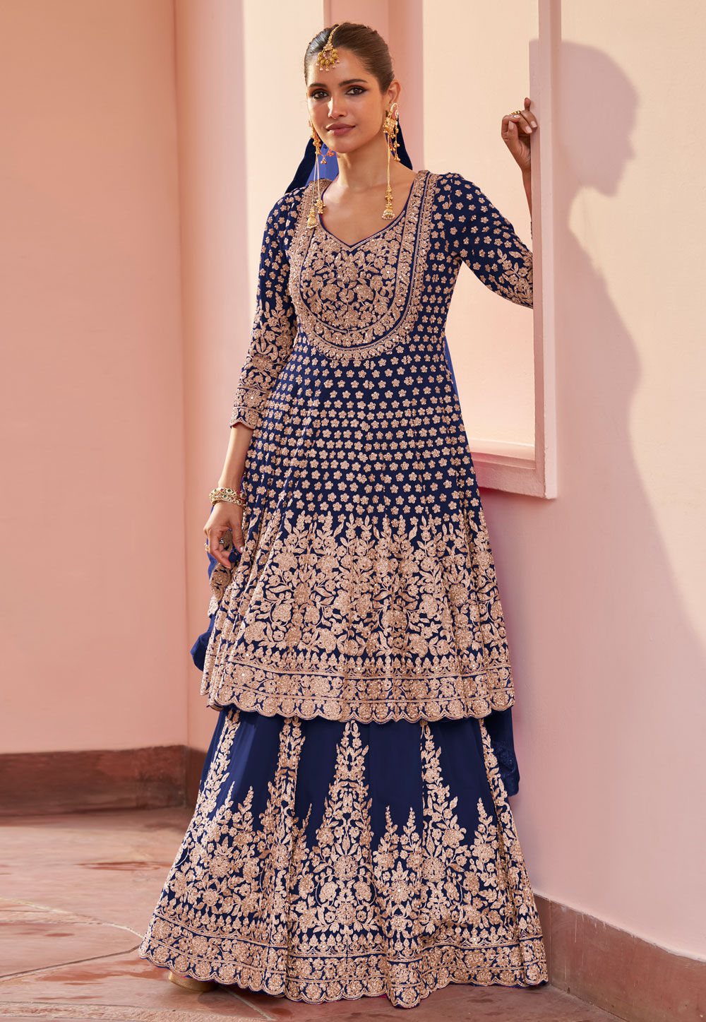 Navy Blue Georgette Long Choli Lehenga 325310