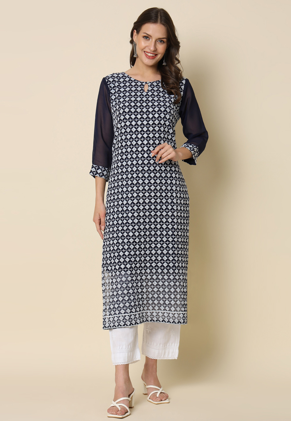 Navy Blue Georgette Long Tunic 325206