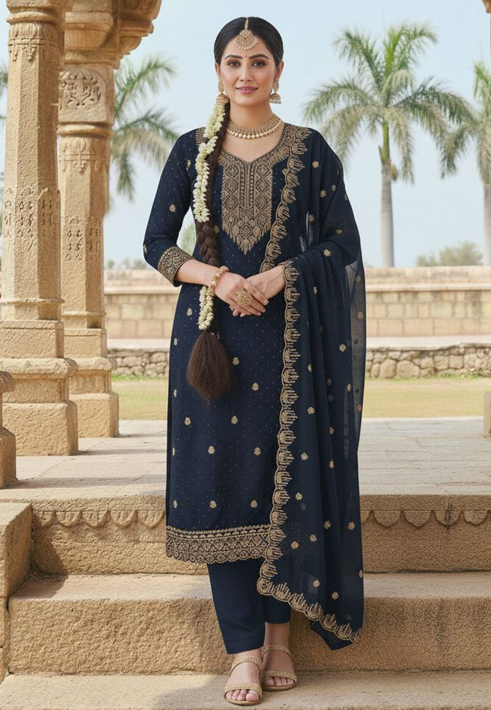 Navy Blue Georgette Pant Style Suit 322755