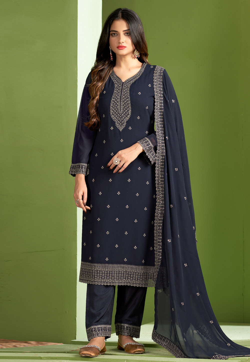 Navy Blue Georgette Pant Style Suit 284671