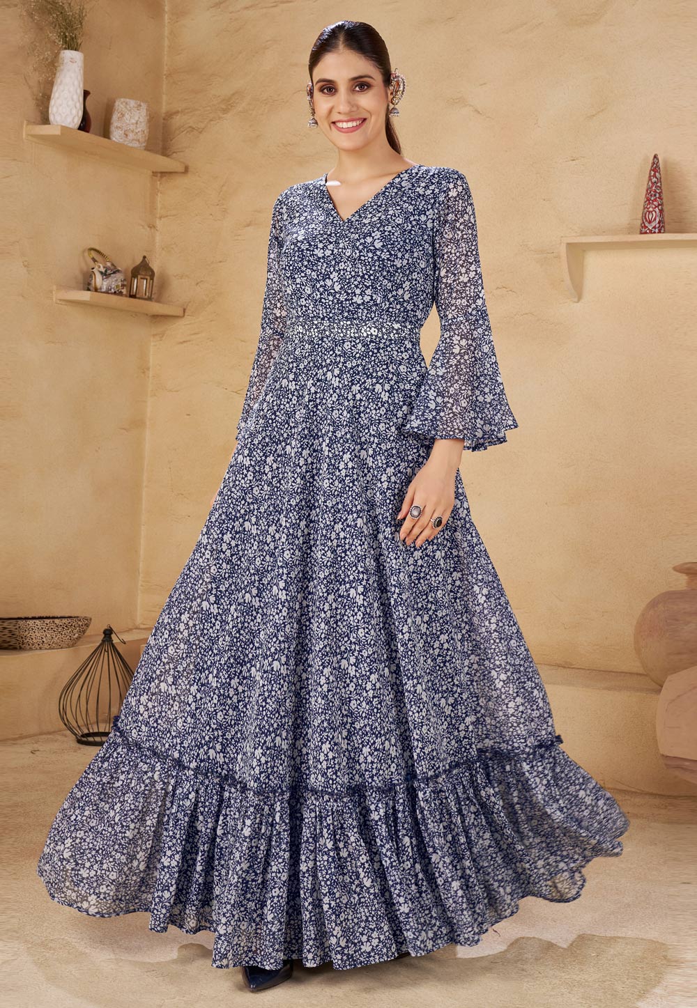 Navy Blue Georgette Printed Gown 329071
