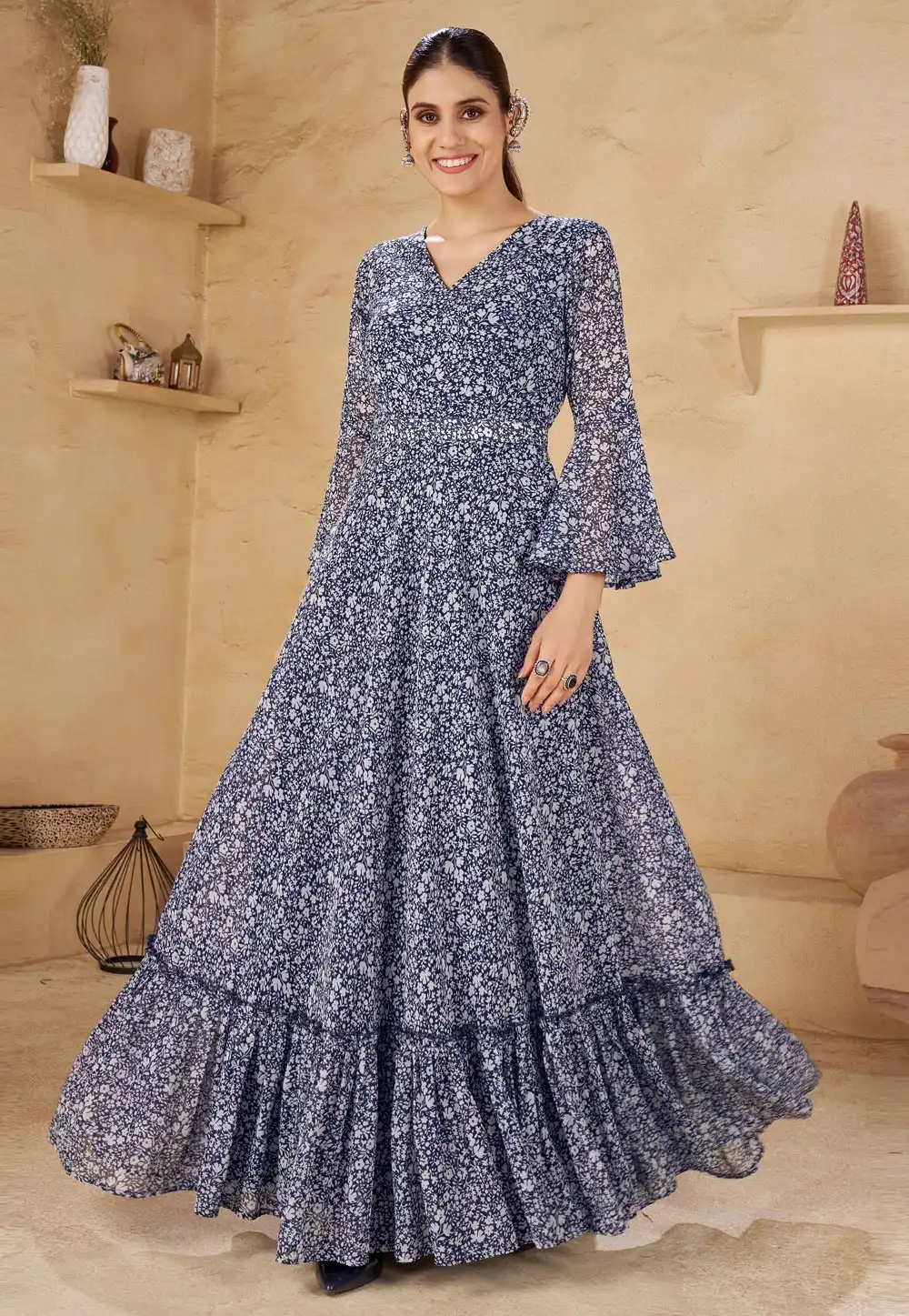 Navy Blue Georgette Printed Gown 329071