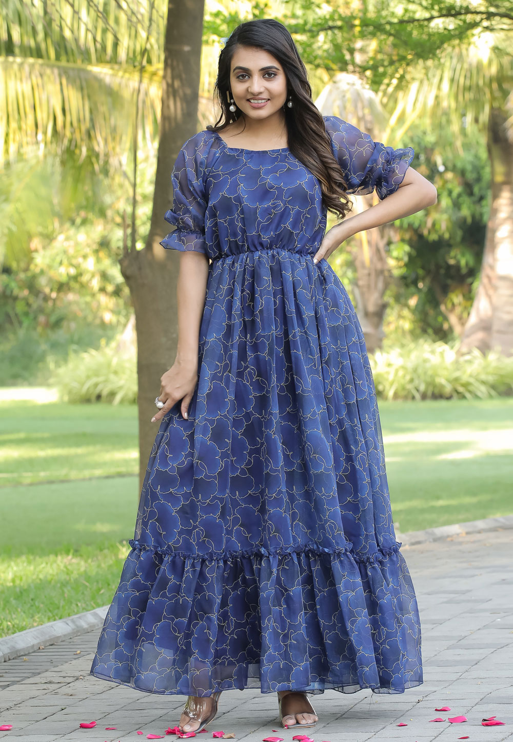 Navy Blue Georgette Printed Gown 284517