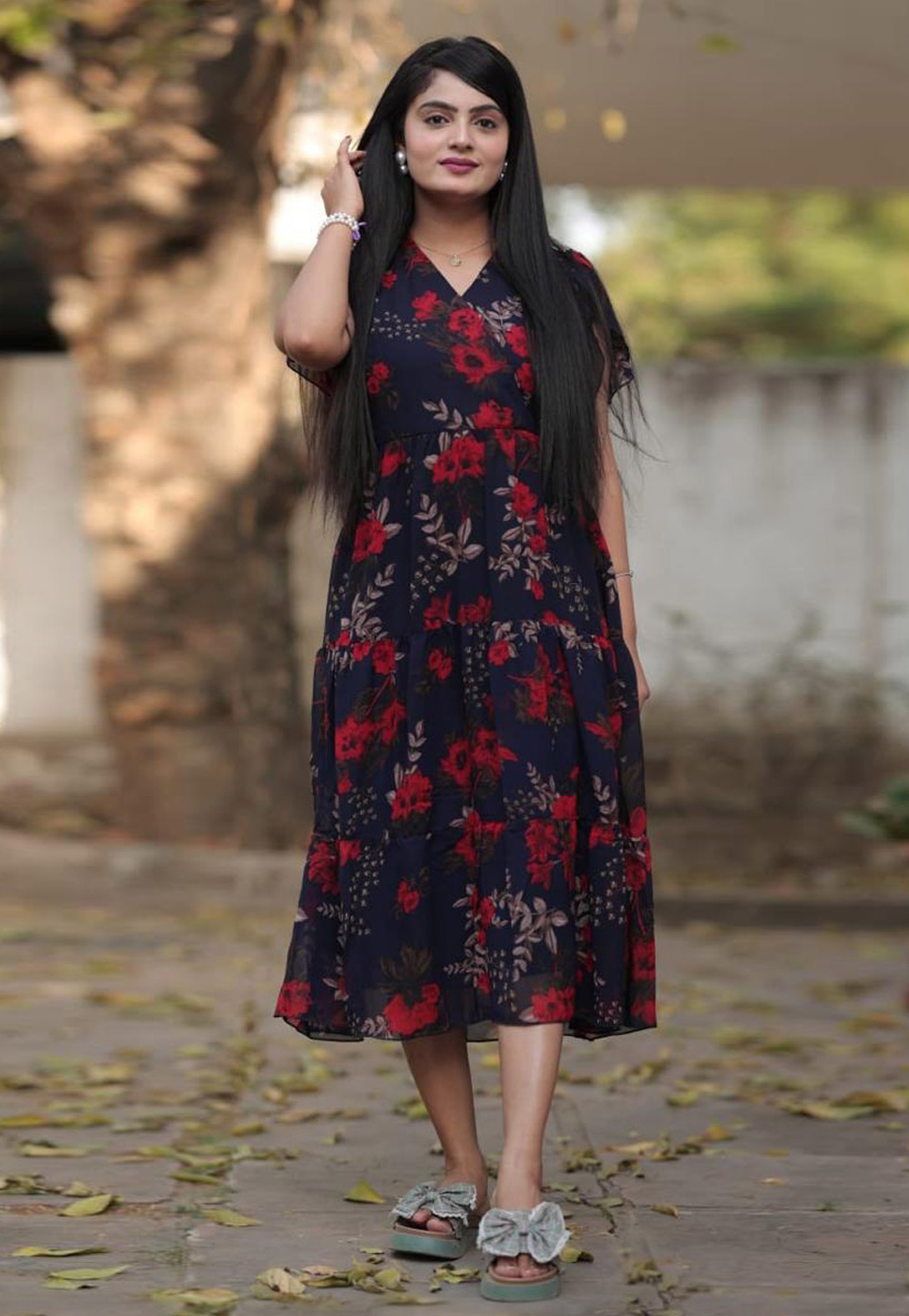 Navy Blue Georgette Printed Gown 285720
