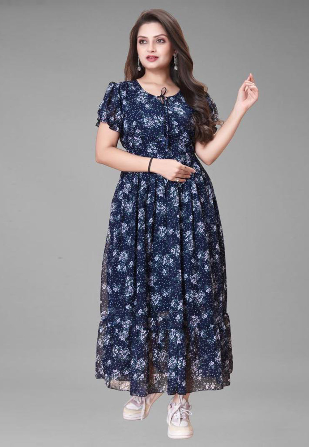 Navy Blue Georgette Printed Gown 285729