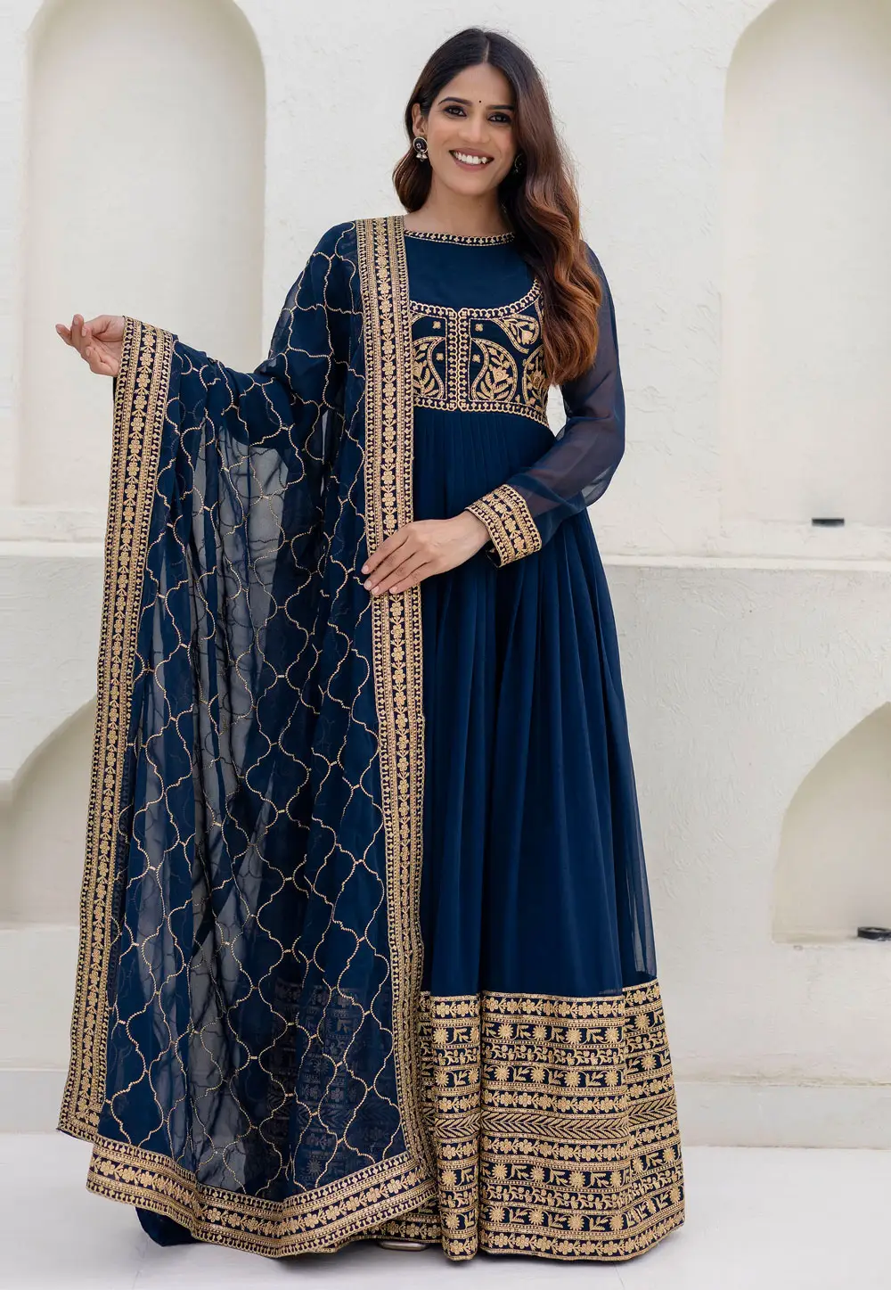 Navy Blue Georgette Readymade Anarkali Suit 332357