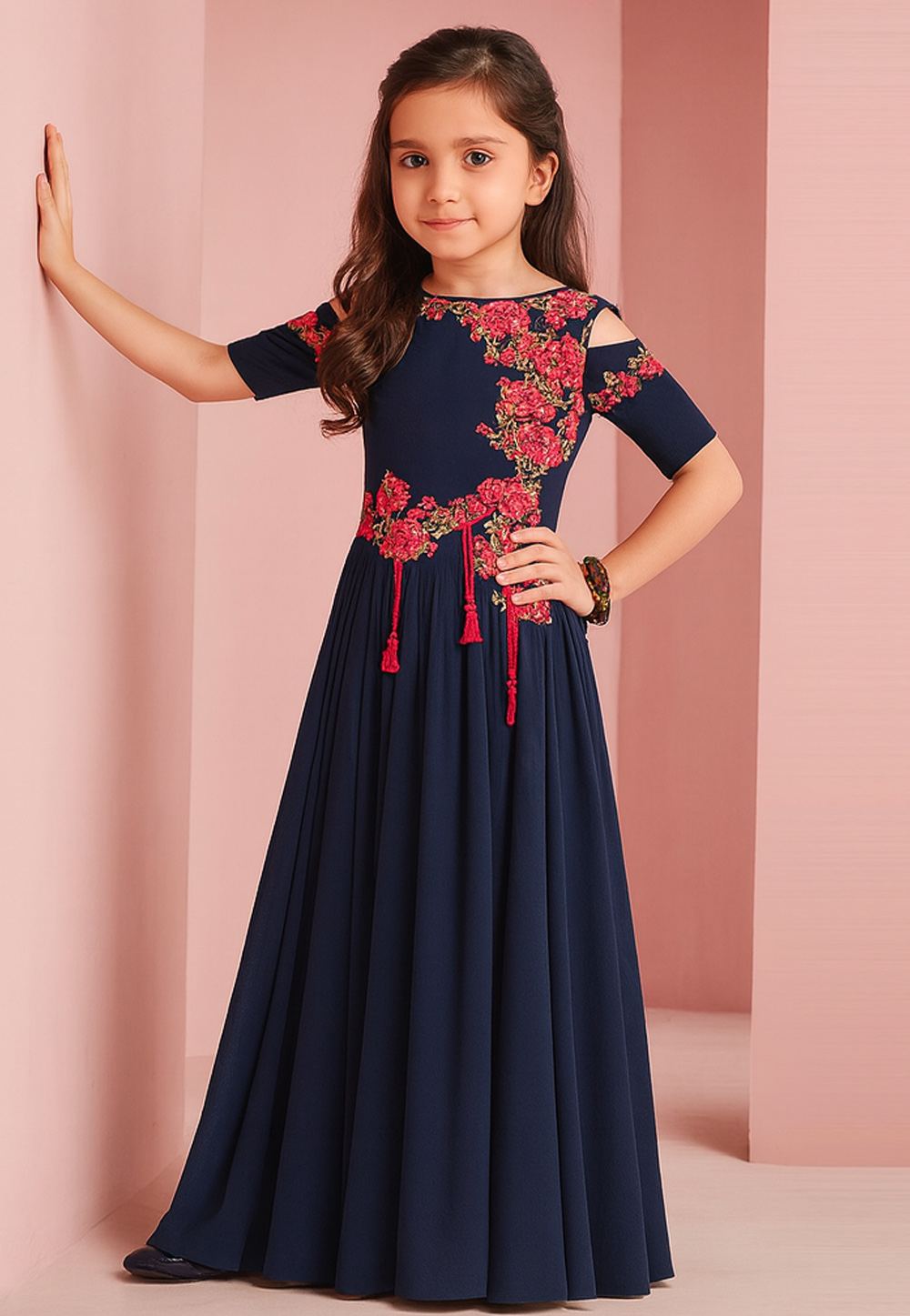 Navy Blue Georgette Readymade Kids Gown 320592