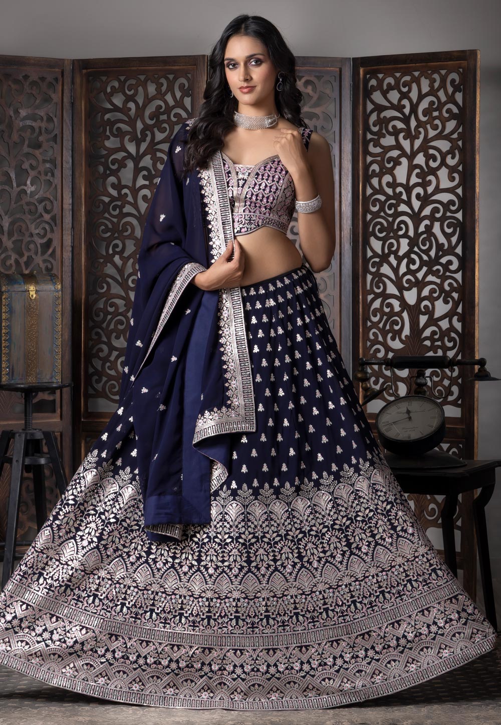 Navy Blue Georgette Readymade Lehenga Choli 308145