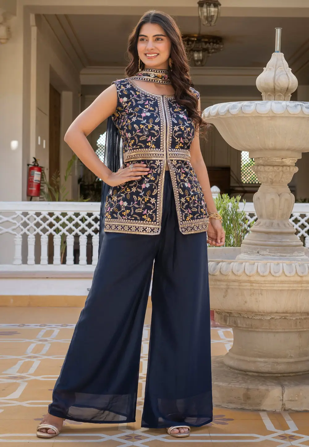 Navy Blue Georgette Readymade Palazzo Suit 332293