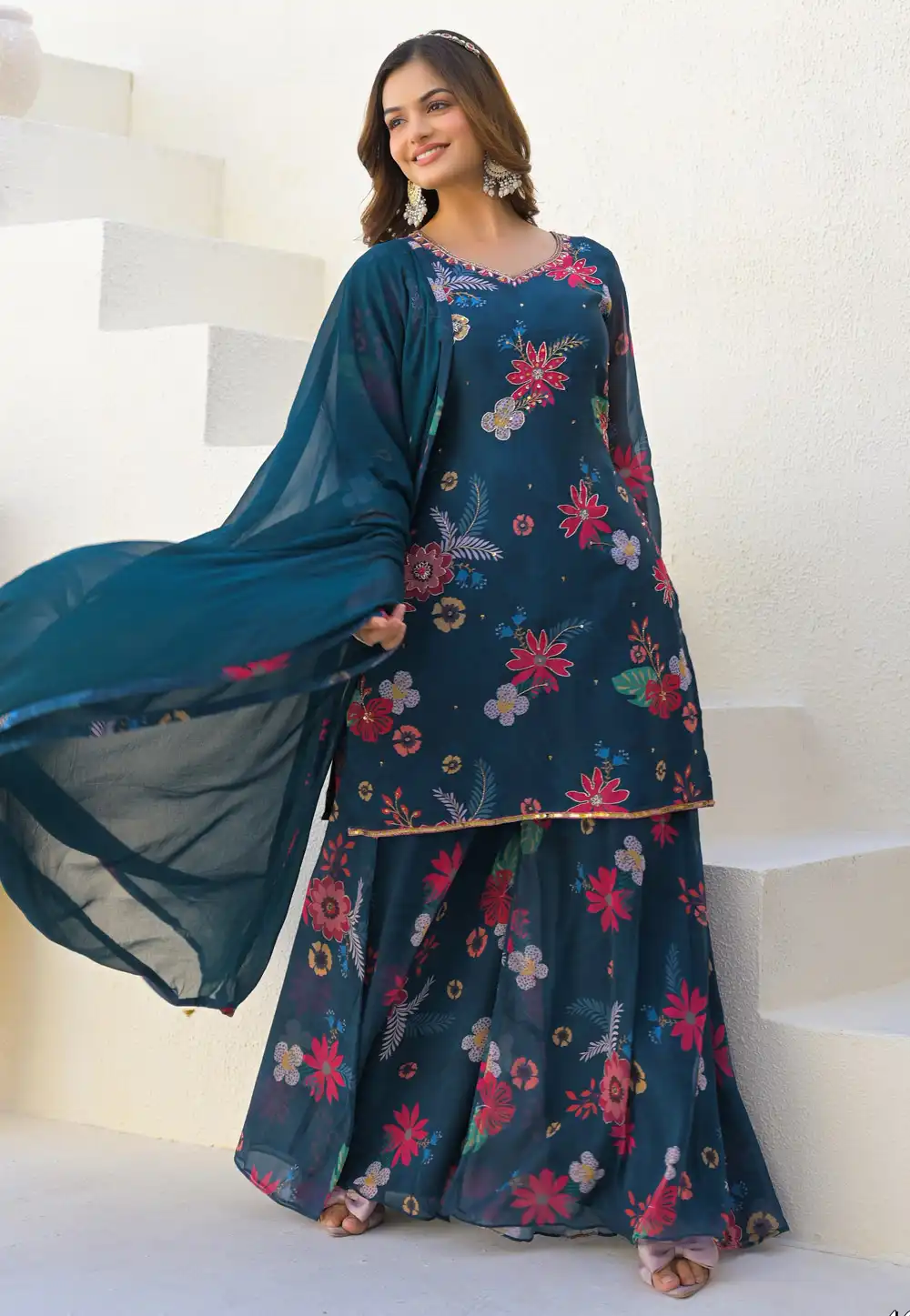 Navy Blue Georgette Readymade Palazzo Suit 310342