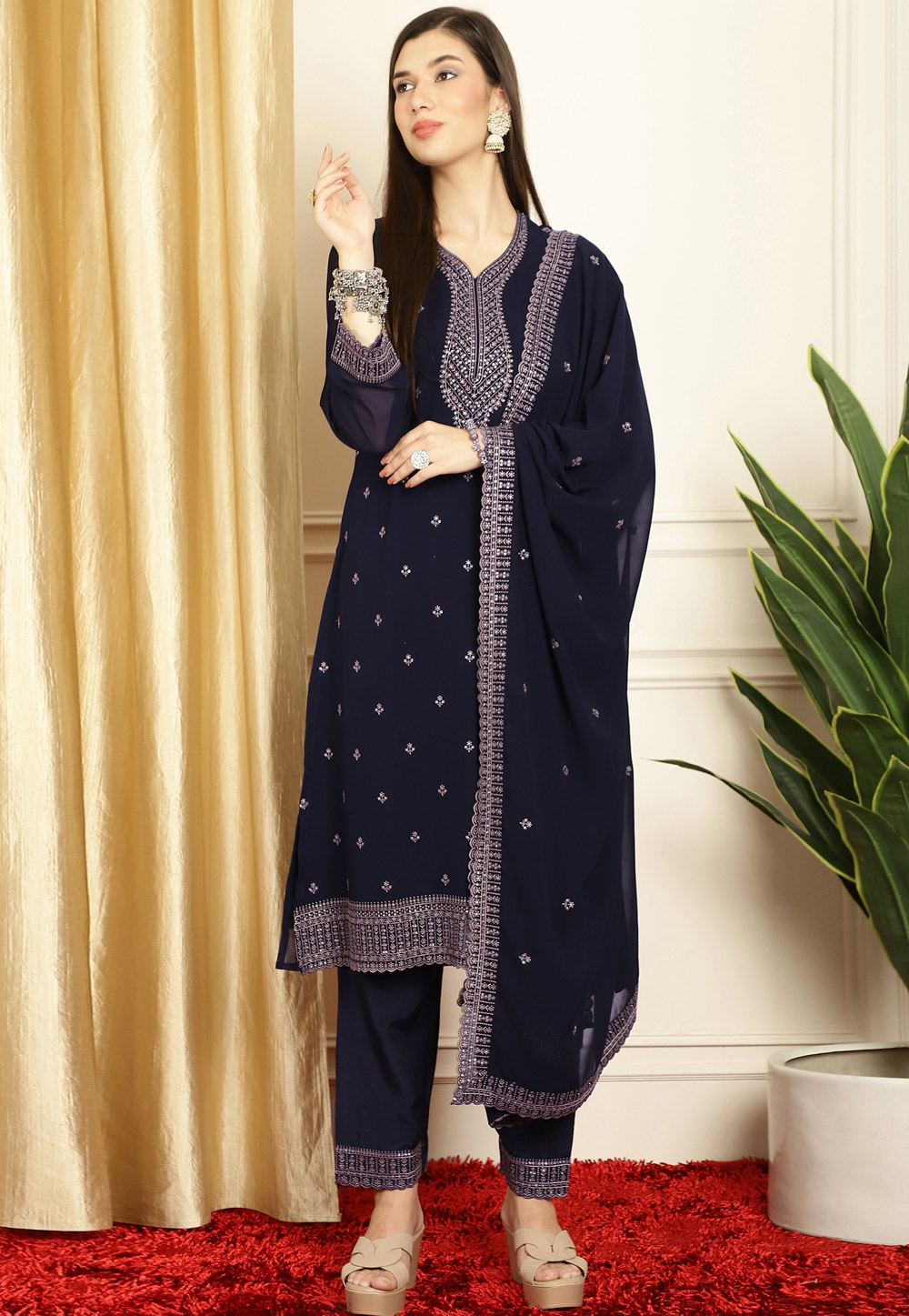 Navy Blue Georgette Readymade Pant Style Suit 311960