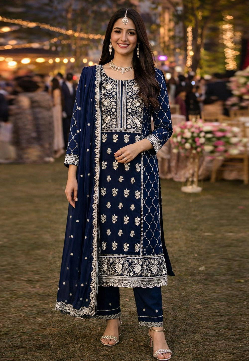 Navy Blue Georgette Readymade Pant Style Suit 324204