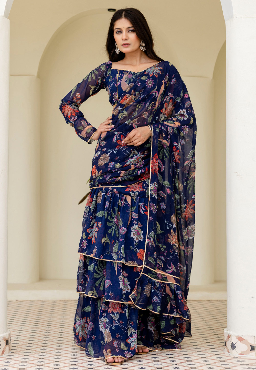 Navy Blue Georgette Ruffle Border Saree With Blouse 313922