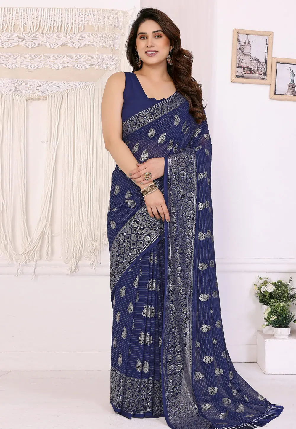 Navy Blue Georgette Saree With Blouse 331132