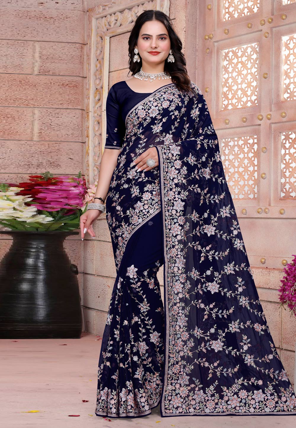 Navy Blue Georgette Saree With Blouse 307769
