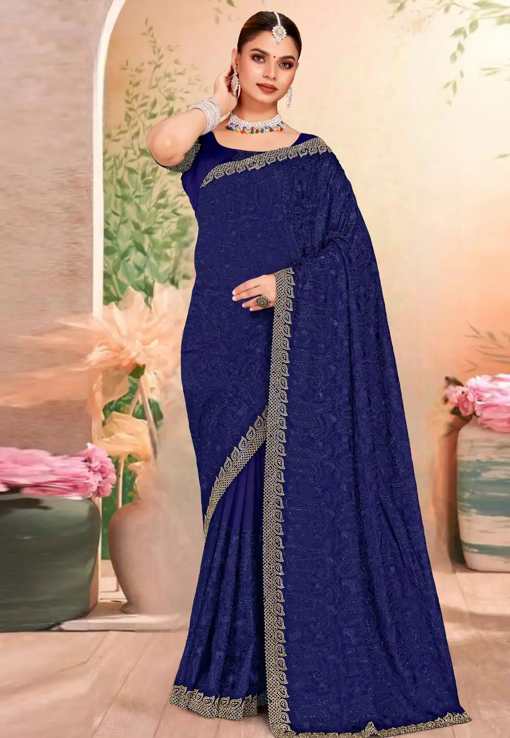 Navy Blue Georgette Saree With Blouse 317581