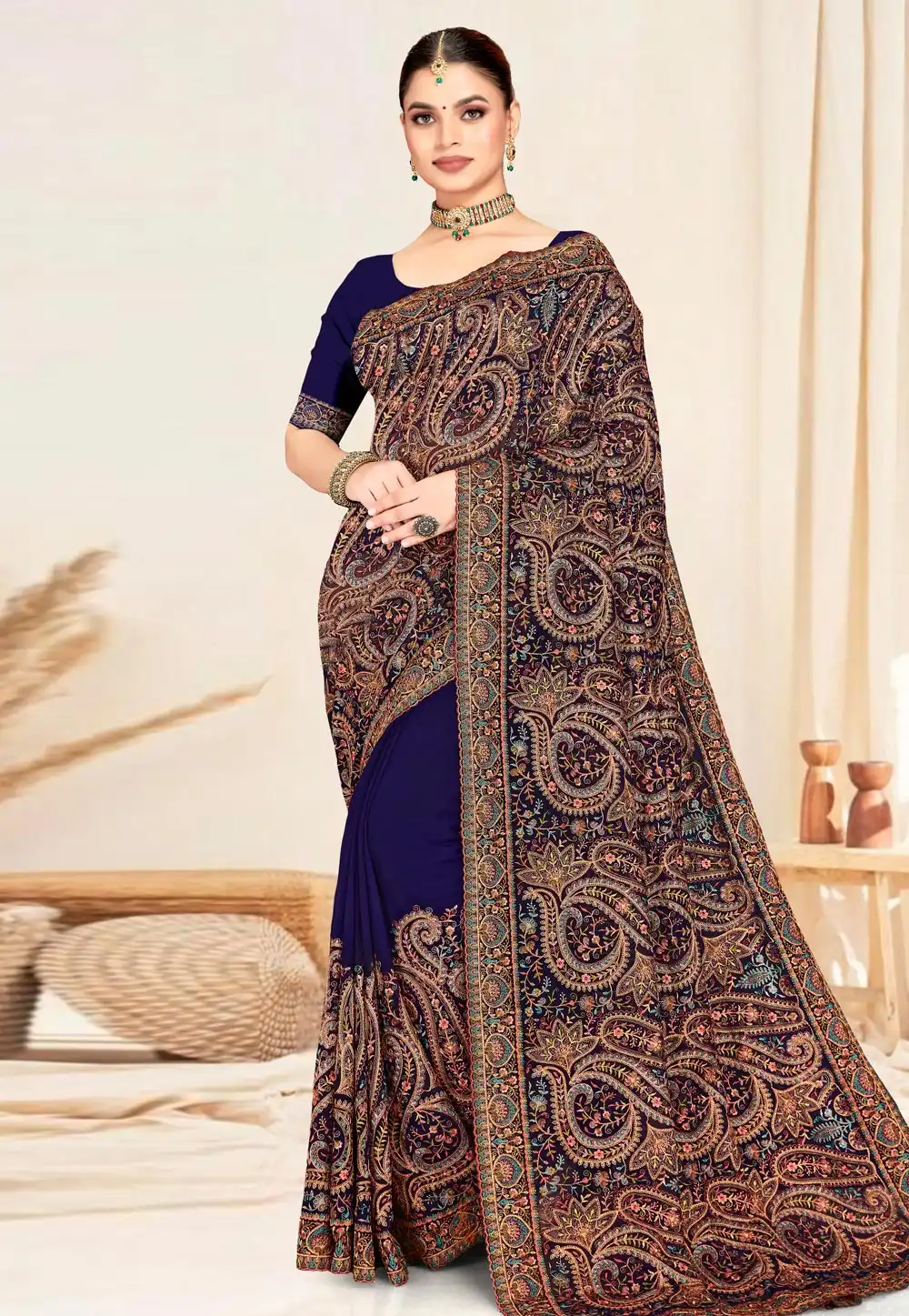 Navy Blue Georgette Saree With Blouse 317733