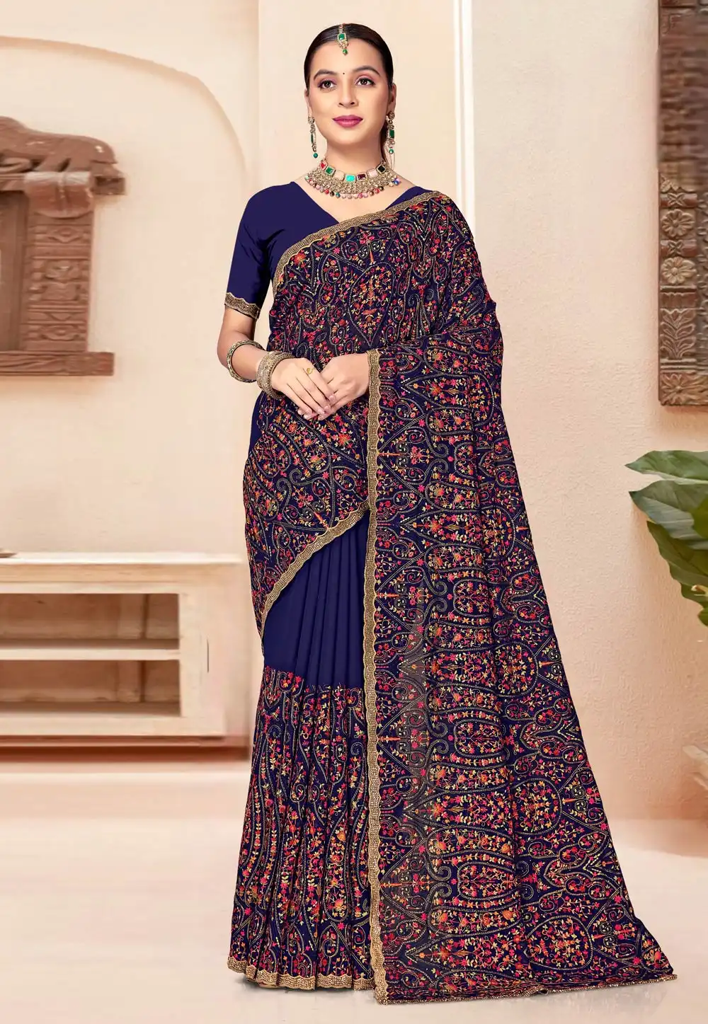 Navy Blue Georgette Saree With Blouse 319487