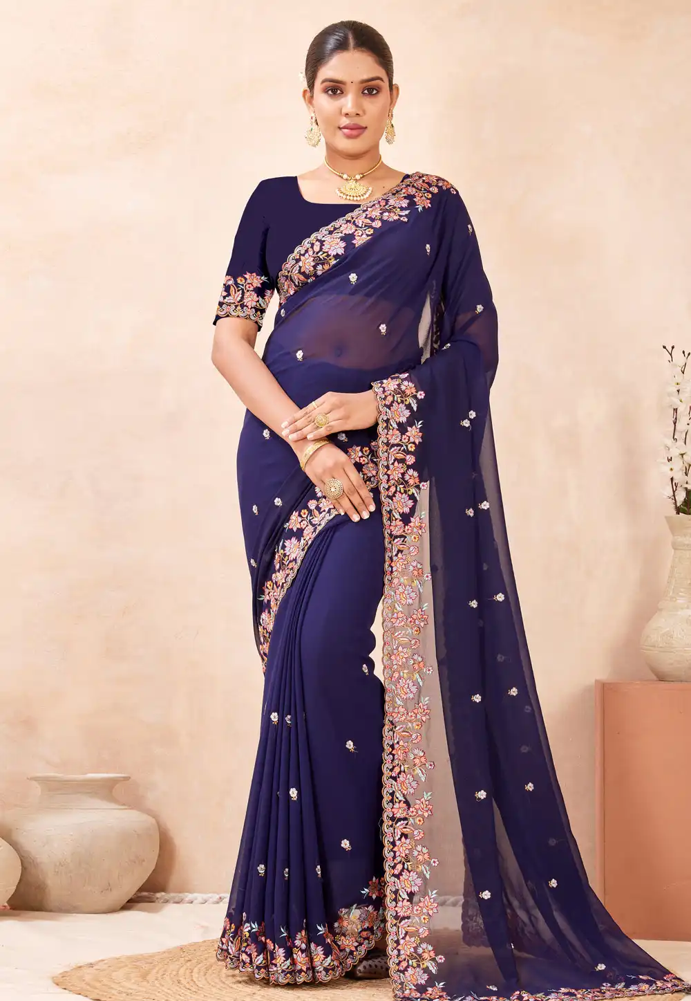 Navy Blue Georgette Saree With Blouse 320014