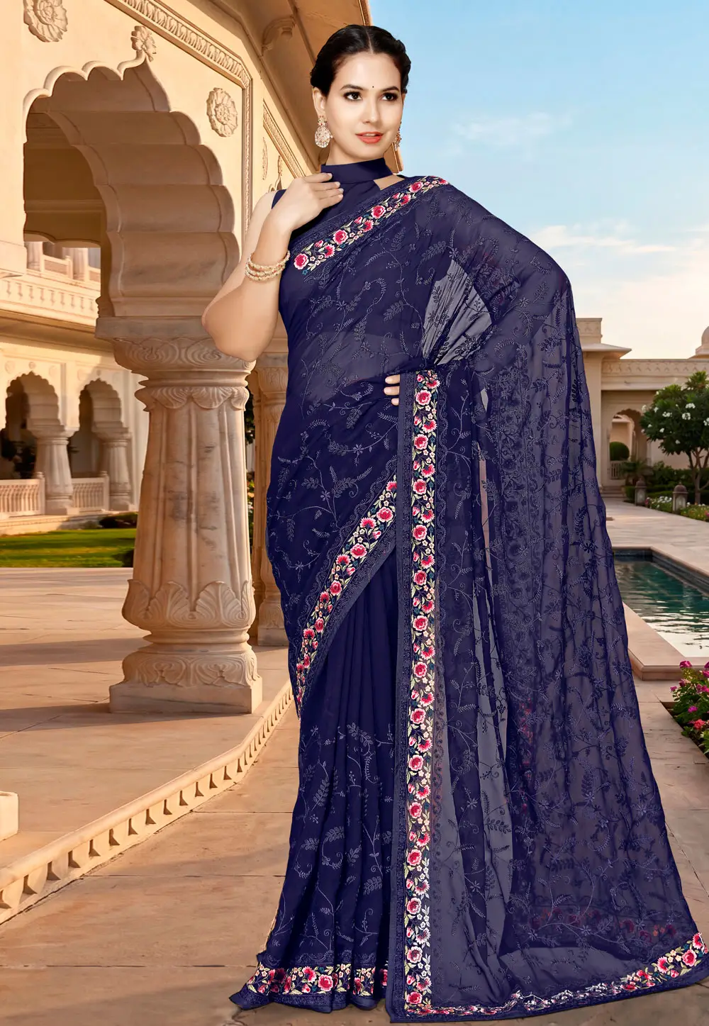 Navy Blue Georgette Saree With Blouse 335993
