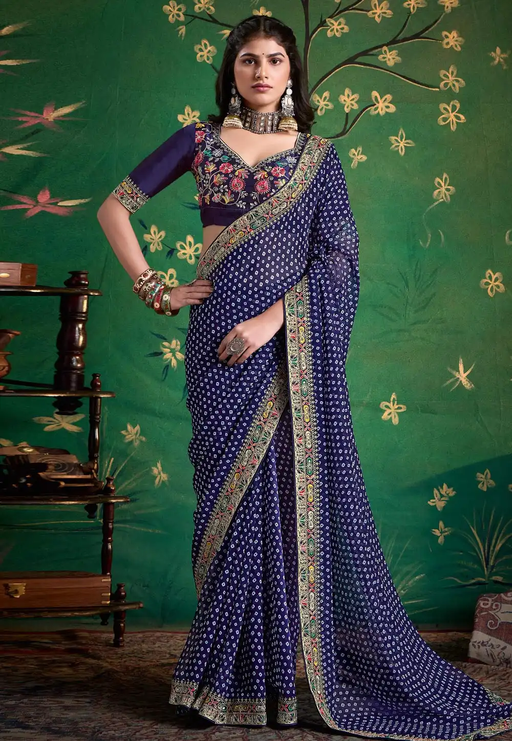 Navy Blue Georgette Saree With Blouse 319507