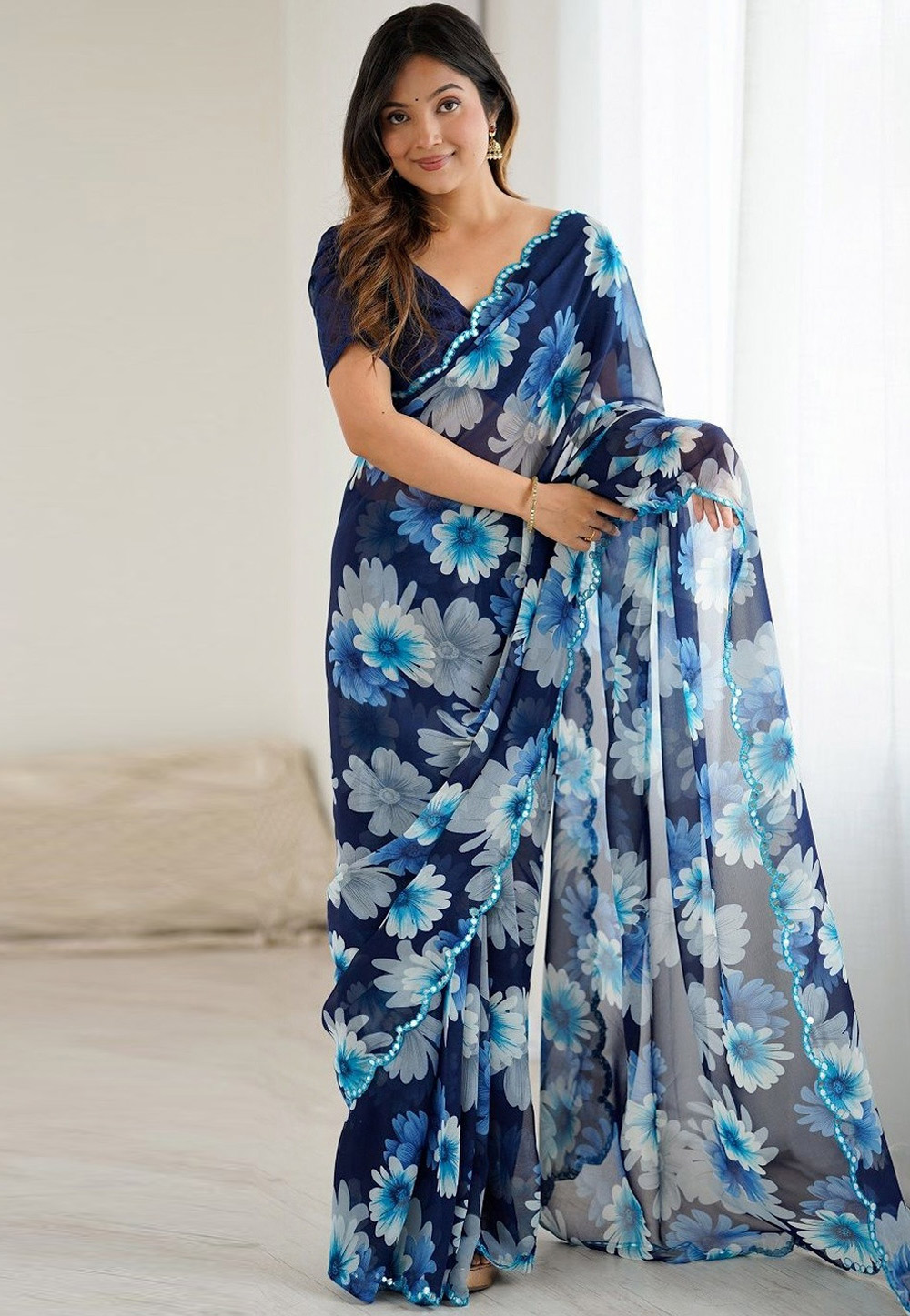 Navy Blue Georgette Saree With Blouse 320620