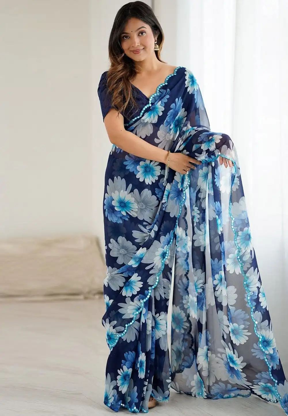 Navy Blue Georgette Saree With Blouse 320620
