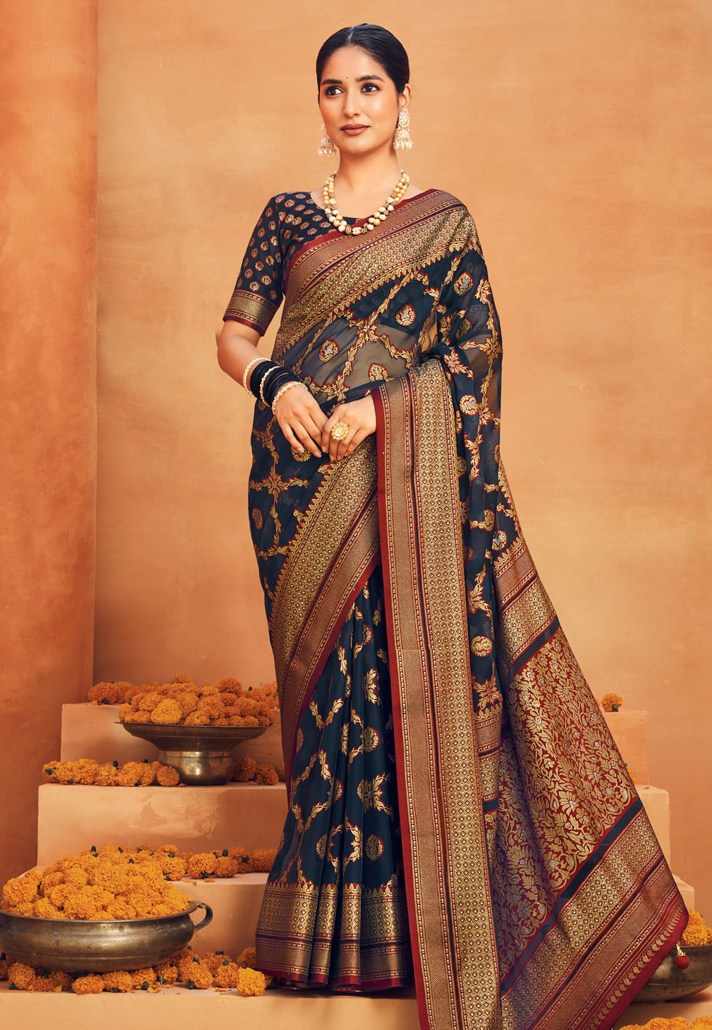 Navy Blue Georgette Saree With Blouse 306522