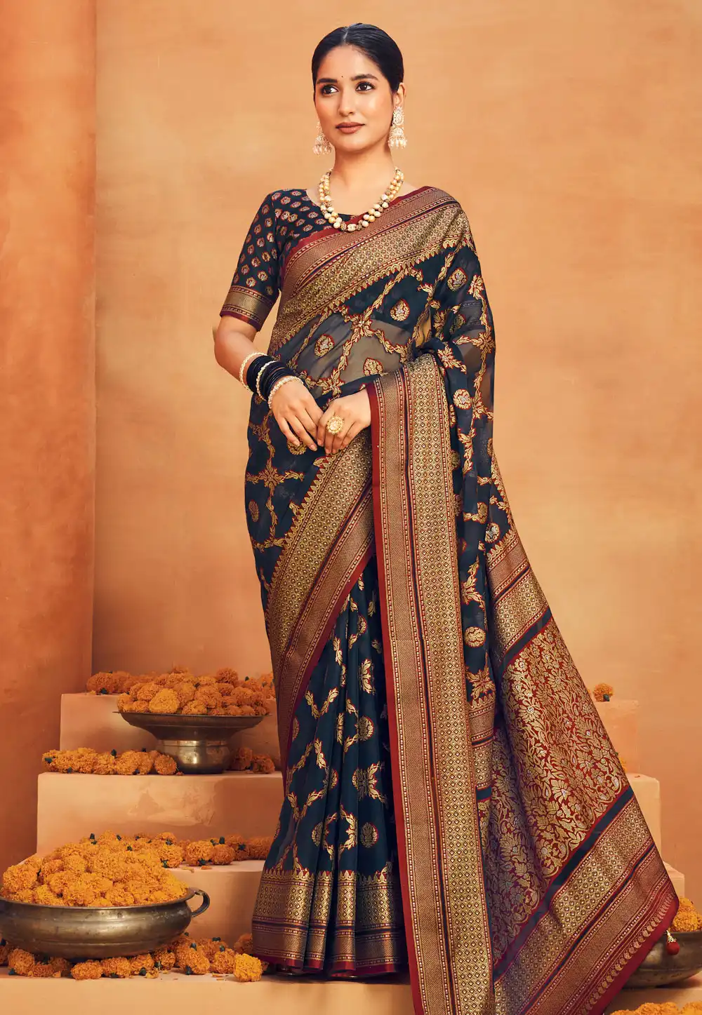 Navy Blue Georgette Saree With Blouse 306522