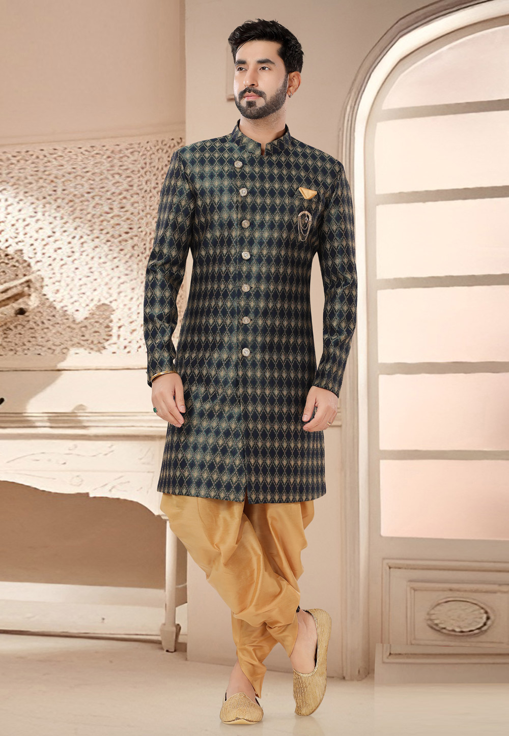 Navy Blue Jacquard Dhoti Sherwani 285749