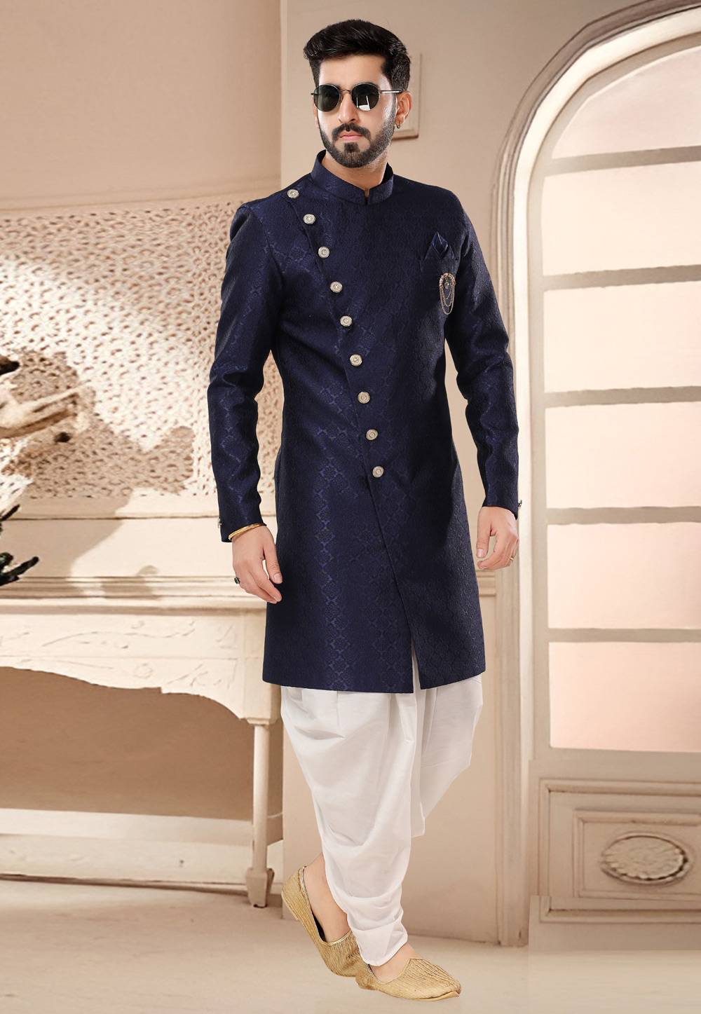 Navy Blue Jacquard Dhoti Sherwani 285770