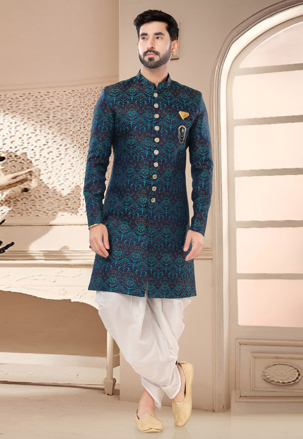 Navy Blue Jacquard Dhoti Sherwani 285775