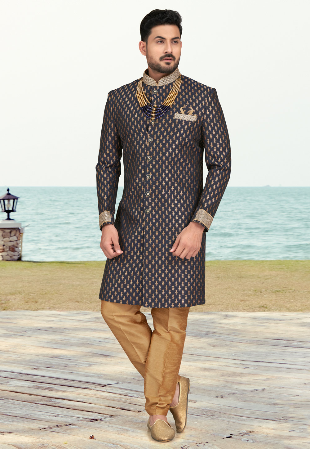 Navy Blue Jacquard Indo Western Sherwani 279734