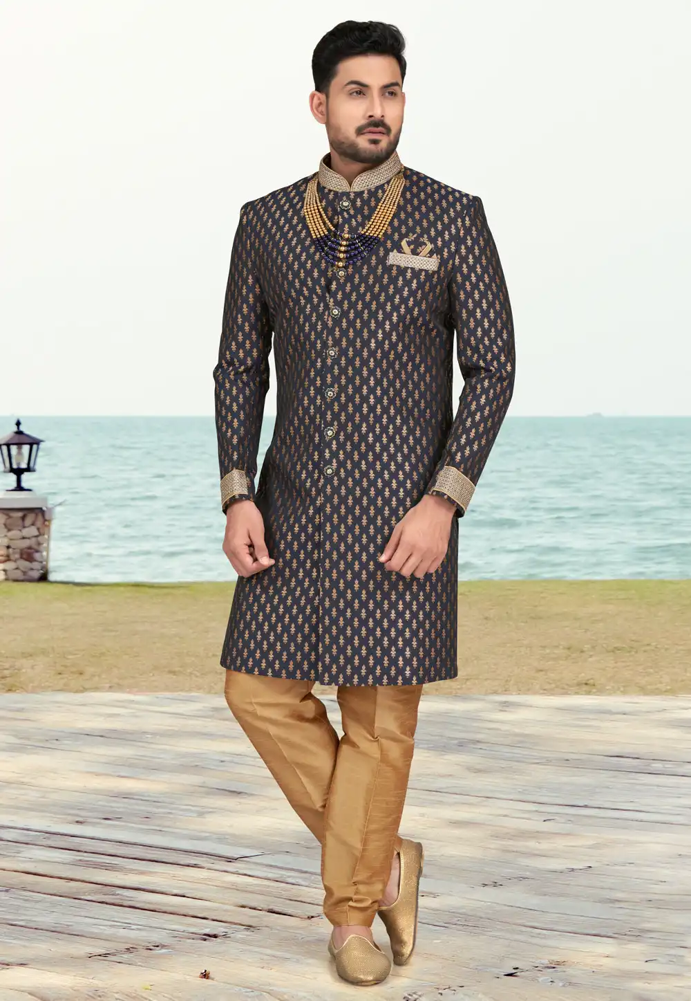 Navy Blue Jacquard Indo Western Sherwani 279734
