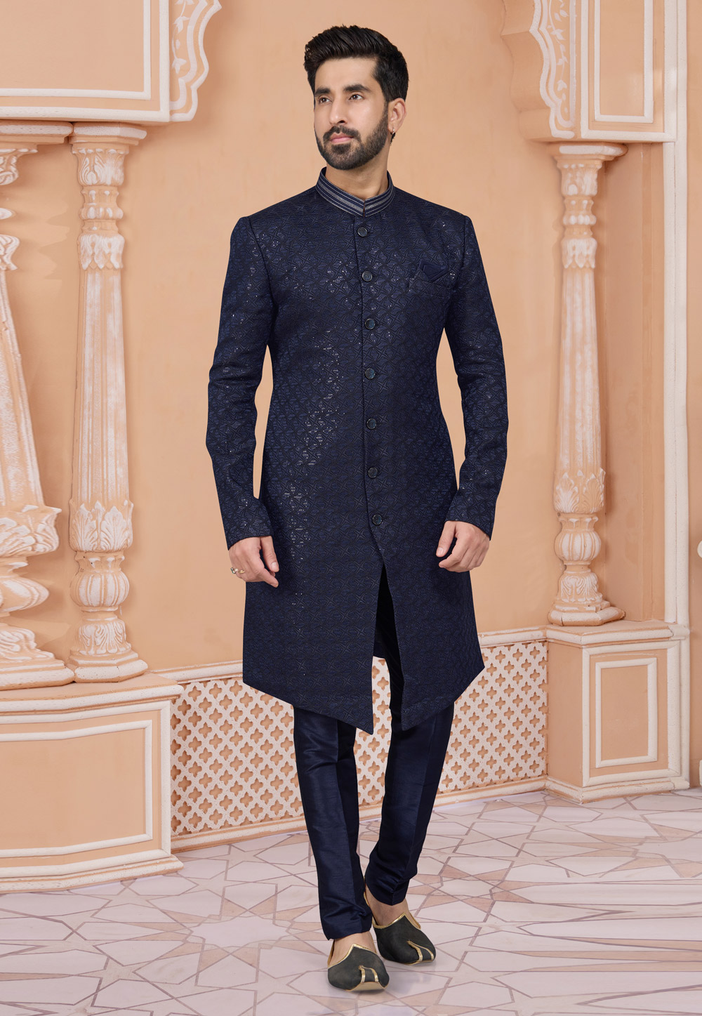Navy Blue Jacquard Indo Western Sherwani 282227
