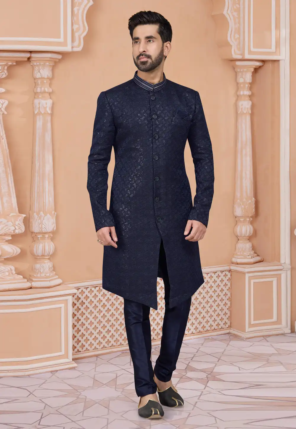 Navy Blue Jacquard Indo Western Sherwani 282227