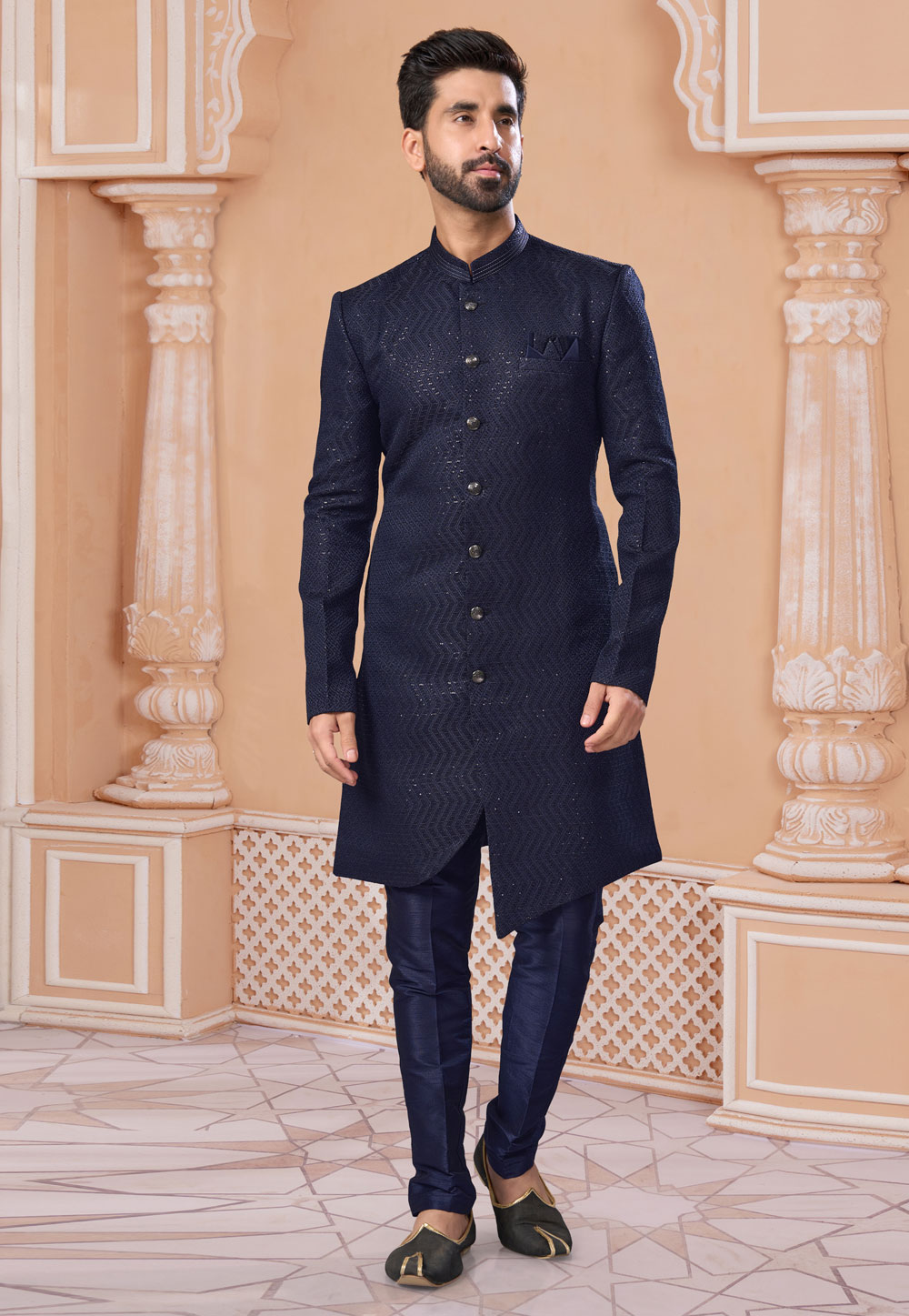 Navy Blue Jacquard Indo Western Sherwani 282234
