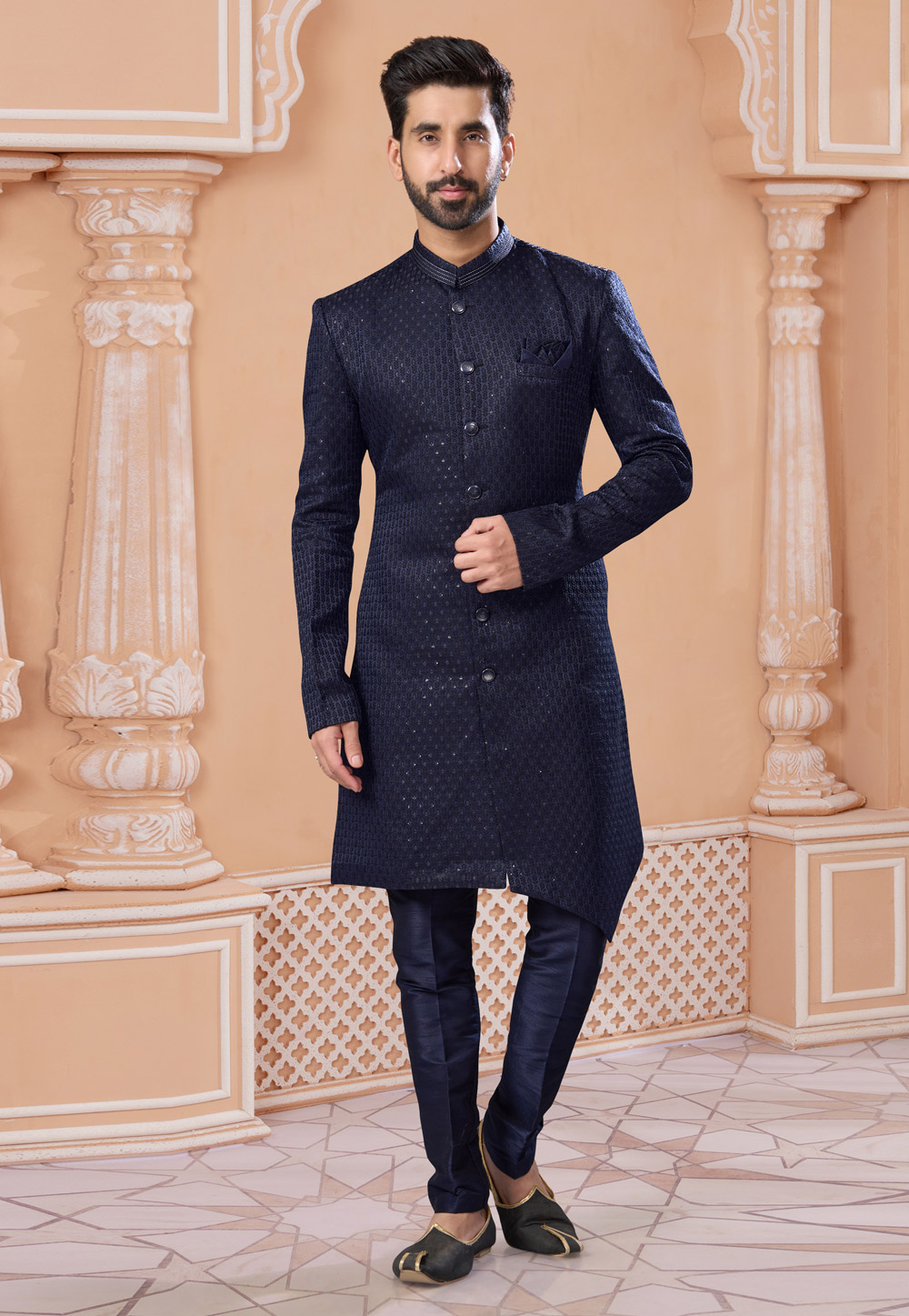 Navy Blue Jacquard Indo Western Sherwani 282241